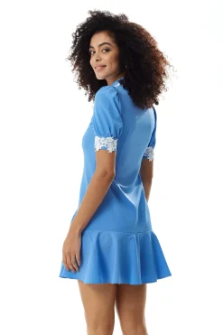 Women's Mini Dress in Turquoise with Short Sleeves and Lace Details - Fitted Style by Liquorish