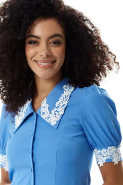 Women's Mini Dress in Turquoise with Short Sleeves and Lace Details - Fitted Style by Liquorish