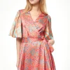 Women's Mini Dress in Vibrant Orange with Kimono Sleeves and Wrap Style - Liquorish