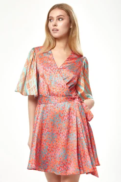 Women's Mini Dress in Vibrant Orange with Kimono Sleeves and Wrap Style - Liquorish