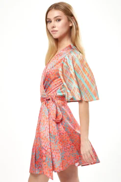 Women's Mini Dress in Vibrant Orange with Kimono Sleeves and Wrap Style - Liquorish