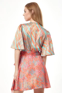 Women's Mini Dress in Vibrant Orange with Kimono Sleeves and Wrap Style - Liquorish