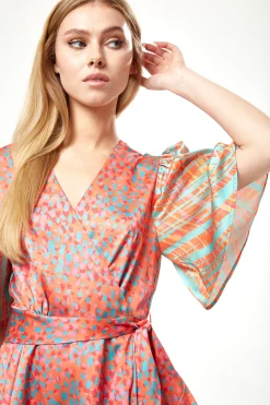 Women's Mini Dress in Vibrant Orange with Kimono Sleeves and Wrap Style - Liquorish