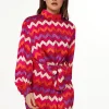 Women's Mini Dress in Warm Tones with Puffy Sleeves and Gathered Waist - Exclusive Liquorish Zig Zag Print