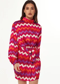 Women's Mini Dress in Warm Tones with Puffy Sleeves and Gathered Waist - Exclusive Liquorish Zig Zag Print