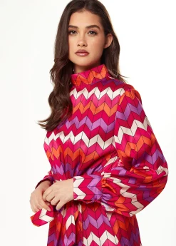 Women's Mini Dress in Warm Tones with Puffy Sleeves and Gathered Waist - Exclusive Liquorish Zig Zag Print