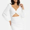 Women's Mini Dress in White with Puff Long Sleeves and Cut Outs - Elegant Sequin Design by Liquorish
