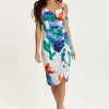 Women's Mini Dress in White with Floral Print, Ruched Front, Sleeveless Design - Liquorish