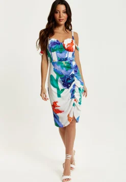 Women's Mini Dress in White with Floral Print, Ruched Front, Sleeveless Design - Liquorish