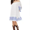 Women's Mini Dress in White with 3/4 Sleeves and Blue Floral Embroidery - Liquorish