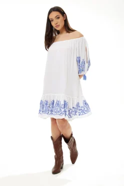 Women's Mini Dress in White with 3/4 Sleeves and Blue Floral Embroidery - Liquorish