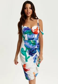 Women's Mini Dress in White with Floral Print, Ruched Front, Sleeveless Design - Liquorish