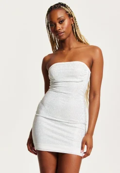 Women's Mini Dress in White with Bandeau Style, Bodycon Fit, and Diamond Mesh Detail - Liquorish