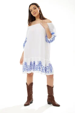 Women's Mini Dress in White with 3/4 Sleeves and Blue Floral Embroidery - Liquorish
