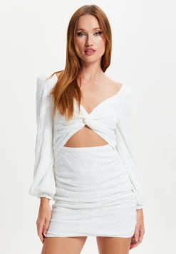 Women's Mini Dress in White with Puff Long Sleeves and Cut Outs - Elegant Sequin Design by Liquorish
