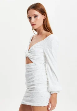 Women's Mini Dress in White with Puff Long Sleeves and Cut Outs - Elegant Sequin Design by Liquorish