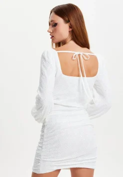 Women's Mini Dress in White with Puff Long Sleeves and Cut Outs - Elegant Sequin Design by Liquorish