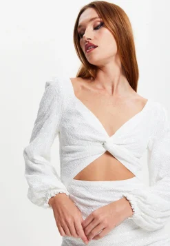 Women's Mini Dress in White with Puff Long Sleeves and Cut Outs - Elegant Sequin Design by Liquorish