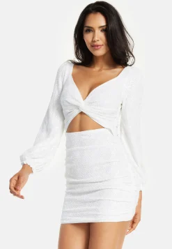 Women's Mini Dress in White with Puff Long Sleeves and Cut Outs - Elegant Sequin Design by Liquorish