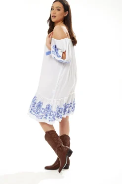 Women's Mini Dress in White with 3/4 Sleeves and Blue Floral Embroidery - Liquorish