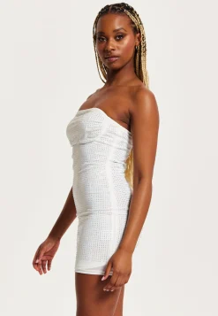 Women's Mini Dress in White with Bandeau Style, Bodycon Fit, and Diamond Mesh Detail - Liquorish