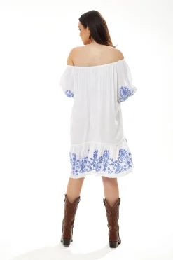 Women's Mini Dress in White with 3/4 Sleeves and Blue Floral Embroidery - Liquorish