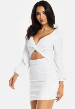 Women's Mini Dress in White with Puff Long Sleeves and Cut Outs - Elegant Sequin Design by Liquorish