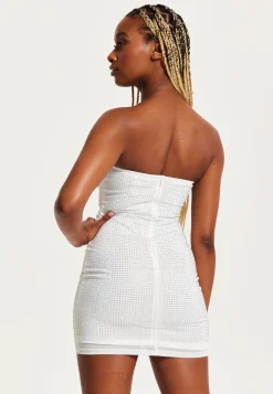 Women's Mini Dress in White with Bandeau Style, Bodycon Fit, and Diamond Mesh Detail - Liquorish