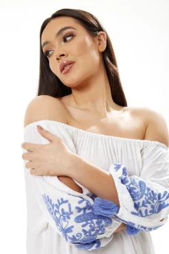 Women's Mini Dress in White with 3/4 Sleeves and Blue Floral Embroidery - Liquorish