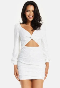 Women's Mini Dress in White with Puff Long Sleeves and Cut Outs - Elegant Sequin Design by Liquorish