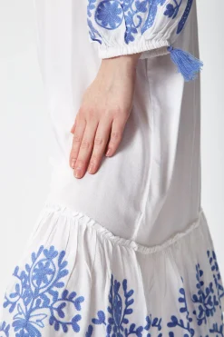 Women's Mini Dress in White with 3/4 Sleeves and Blue Floral Embroidery - Liquorish