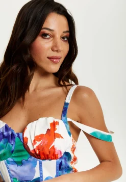 Women's Mini Dress in White with Floral Print, Ruched Front, Sleeveless Design - Liquorish
