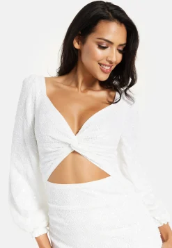 Women's Mini Dress in White with Puff Long Sleeves and Cut Outs - Elegant Sequin Design by Liquorish