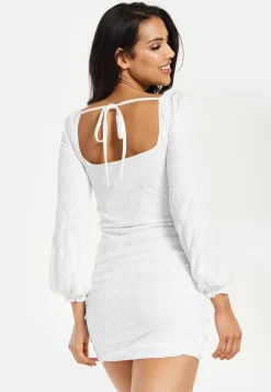 Women's Mini Dress in White with Puff Long Sleeves and Cut Outs - Elegant Sequin Design by Liquorish
