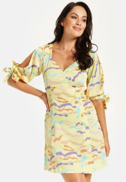 Women's Mini Dress in Yellow with Sleeve Tie-Ups and Back Tie-Up Detail - Abstract Zebra Print by Liquorish