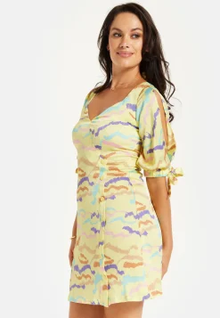 Women's Mini Dress in Yellow with Sleeve Tie-Ups and Back Tie-Up Detail - Abstract Zebra Print by Liquorish