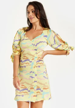 Women's Mini Dress in Yellow with Sleeve Tie-Ups and Back Tie-Up Detail - Abstract Zebra Print by Liquorish
