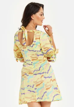 Women's Mini Dress in Yellow with Sleeve Tie-Ups and Back Tie-Up Detail - Abstract Zebra Print by Liquorish