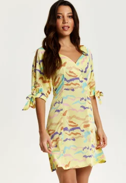 Women's Mini Dress in Yellow with Sleeve Tie-Ups and Back Tie-Up Detail - Abstract Zebra Print by Liquorish