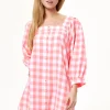 Women's Mini Dress, Pink Gingham with Puff Sleeves, Button-Up Front, Oversized Fit, Flirty Length
