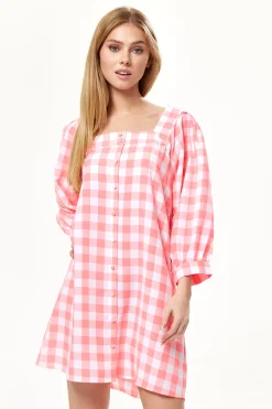 Women's Mini Dress, Pink Gingham with Puff Sleeves, Button-Up Front, Oversized Fit, Flirty Length