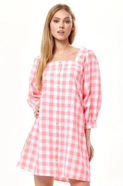 Women's Mini Dress, Pink Gingham with Puff Sleeves, Button-Up Front, Oversized Fit, Flirty Length