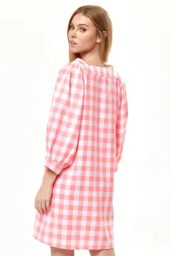 Women's Mini Dress, Pink Gingham with Puff Sleeves, Button-Up Front, Oversized Fit, Flirty Length