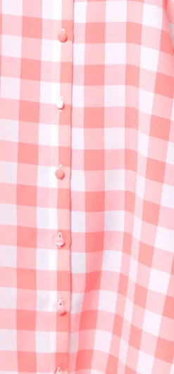 Women's Mini Dress, Pink Gingham with Puff Sleeves, Button-Up Front, Oversized Fit, Flirty Length
