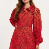 Women's Mini Dress, Scalloped Collar, Leopard Print with Ombre Detail, Long Balloon Sleeves, Side Zip, Regular Fit