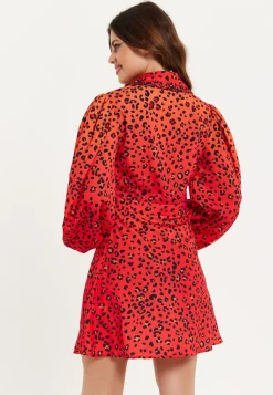 Women's Mini Dress, Scalloped Collar, Leopard Print with Ombre Detail, Long Balloon Sleeves, Side Zip, Regular Fit