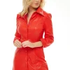 Women's Mini Dress with 3/4 Sleeves, Fitted Waist, Flared Skirt in Red Faux Leather - Liquorish
