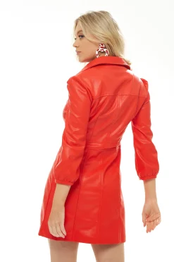 Women's Mini Dress with 3/4 Sleeves, Fitted Waist, Flared Skirt in Red Faux Leather - Liquorish