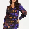 Women's Mini Dress with Abstract Print, V Neck, Ruching Front, Balloon Sleeves, Frill Details - Liquorish
