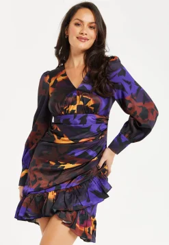 Women's Mini Dress with Abstract Print, V Neck, Ruching Front, Balloon Sleeves, Frill Details - Liquorish